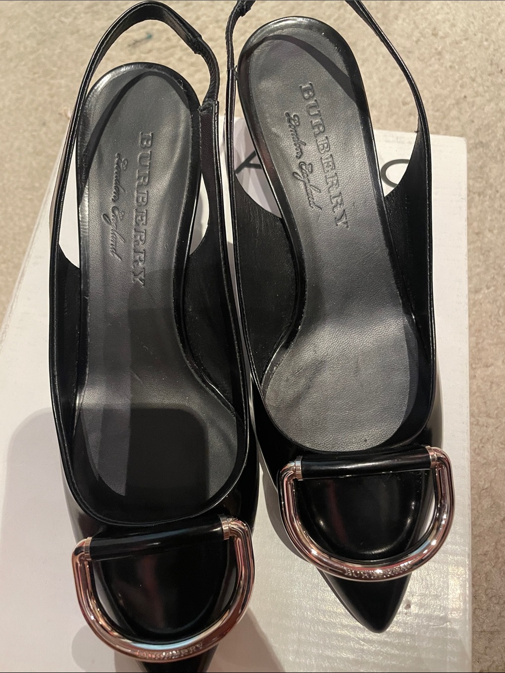Burberry Black Patent Pointed Slingback Pumps with Rose Gold Buckle